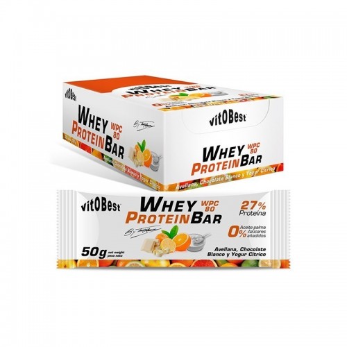 BARRITA WHEY PROTEIN 50G VITOBEST AVELLANA , CHOCO BLANCO Y YOGUR